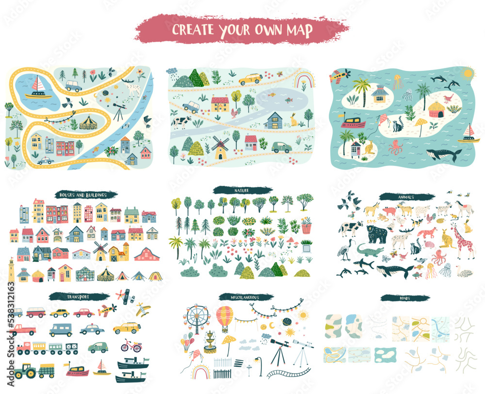Custom map creation set for kids and travel designs with houses, animals, trees, plants, flowers, roads, cars and vehicles, airplane and weather items. Includes three designs of maps