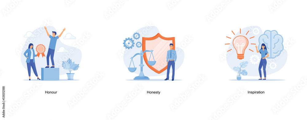 Moral principles abstract concept, Justice and balance, filled with ideas of thought and analysis, set flat vector modern illustration