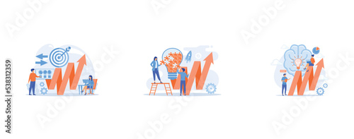 Businessman with laptop, target and arrows, Business team doing lightbulb from jigsaw puzzle and rising arrow, Brain, lightbulb and business team solving problem, set flat vector modern illustration