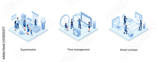 People waiting in line at grocery supermarket, Time management concept, Man Character Signing Digital Signature at Online Business Contract, isometric vector modern illustration