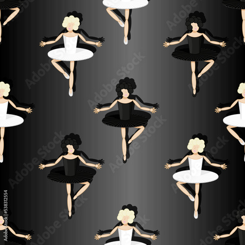 Seamless pattern with ballet dancers. Black and white ballet dancers on a black background. The concept of the opening of the theatrical ballet season. Banner of the opera house.