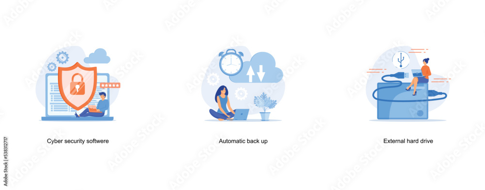 Cyber security concept with characters, automatically back up files to cloud storage concept, Tiny business people at laptops using portable external hard drive, set flat vector modern illustration Cyber security concept with characters, automatically back up files to cloud storage concept, Tiny business people at laptops using portable external hard drive, set flat vector modern illustration