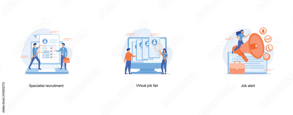 HR specialists choosing best candidate for job, Men with magnifying glass stand next to computer screen and choose suitable job or good employee, Headhunting abstract concept, set flat vector modern i