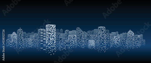 Building at night. A city full of skyscrapers. Symbol of the smart community of the future.