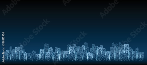 Building at night. A city full of skyscrapers. Symbol of the smart community of the future.