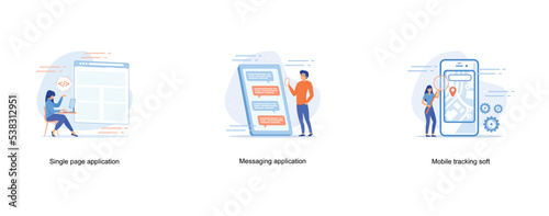 Developers at computer and smartphone working on single page app, tiny people, Person holding smartphone and sending messages, Mobile tracking soft abstract concept, set flat vector modern illustratio
