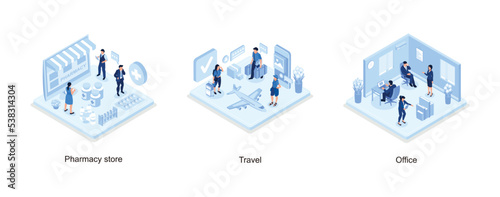Pharmacy store concept with characters, Man and woman ready for vacation, Coworcers in office concept design, isometric vector modern illustration © Alwie99d