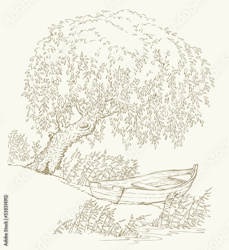 Vector drawing. Old boat on the lake under the branches of a willow