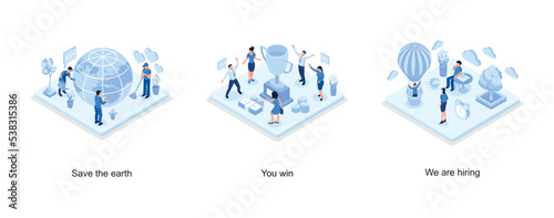 People Characters trying to Save Planet Earth, You win concept banner, We are hiring concept with character, isometric vector modern illustration