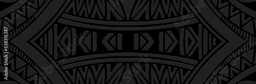 Banner, cover design unique. Embossed geometric 3d pattern on black background, paper press, boho style with handmade elements. Tribal ethnicity. Ornaments of the East, Asia, India, Mexico, Aztecs.