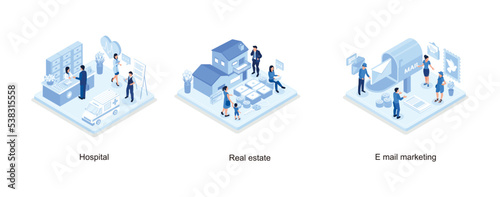 Hospital Building and Ambulance Car, People Invest Money in Real Estate Property, E-mail Marketing Concept, isometric vector modern illustration