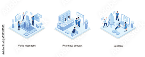Voice messages concept with character and text place, Doctor pharmacist and patient in drugstore, Startup concept with rocket launch, isometric vector modern illustration