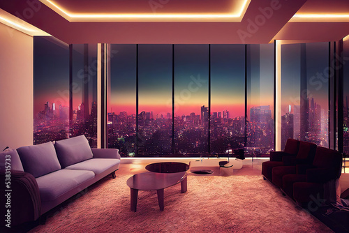 Luxury loft apartman interior, night city life, tokyo skyscrapers, metropolis background photo