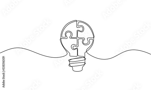 One single line drawing of light bulb with pieces of puzzles forming logo identity. Teamwork smart company logotype icon template concept. Continuous line draw design graphic vector illustration