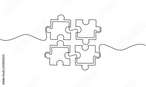 	
Continuous one line drawing of jigsaws on white background. Puzzle game symbol and sign business metaphor of problem solving, solution, and strategy.