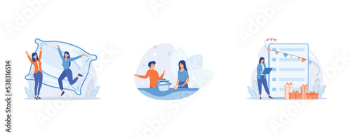 work from home online, concept of solving business problems, online collaboration meeting, set flat vector modern illustration
