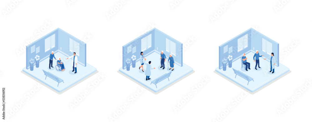 Elderly healthcare, Seniors in nursing home hospital meeting with doctor, having consultation and care from nurse. Geriatric medicine concept, set isometric vector illustration Elderly healthcare, Seniors in nursing home hospital meeting with doctor, having consultation and care from nurse. Geriatric medicine concept, set isometric vector illustration