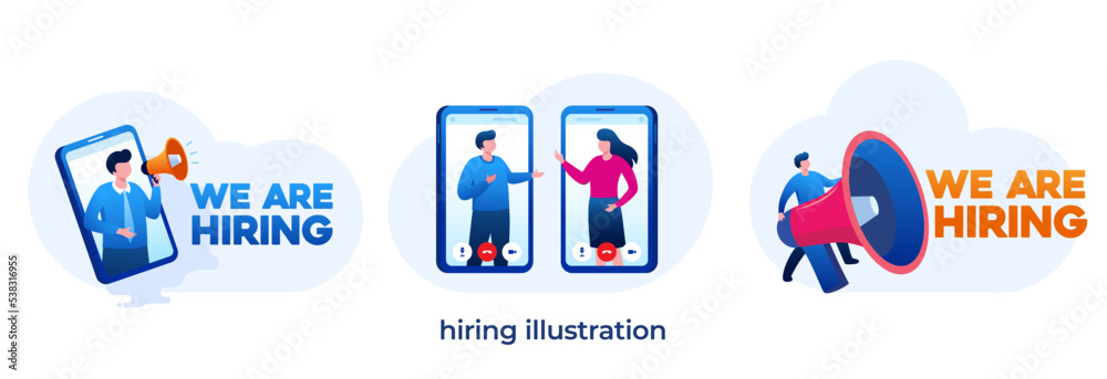 Hiring, HR, human resource, employment, recruitment, recruiting, we are hiring, flat illustration vector