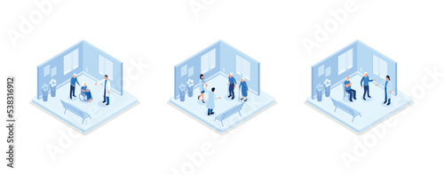 Elderly healthcare, Seniors in nursing home hospital meeting with doctor, having consultation and care from nurse. Geriatric medicine concept, set isometric vector illustration © Alwie99d