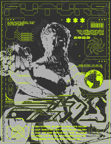 Poster with a human statue. In a futuristic style, with techno design elements, a print for a clothing brand, t-shirts, sweatshirts, banners