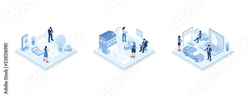 Sustainability illustration set, Characters calculating and paying electricity, utilities and household invoice bills. Home finances management and sustainable housing concept, set isometric vector il