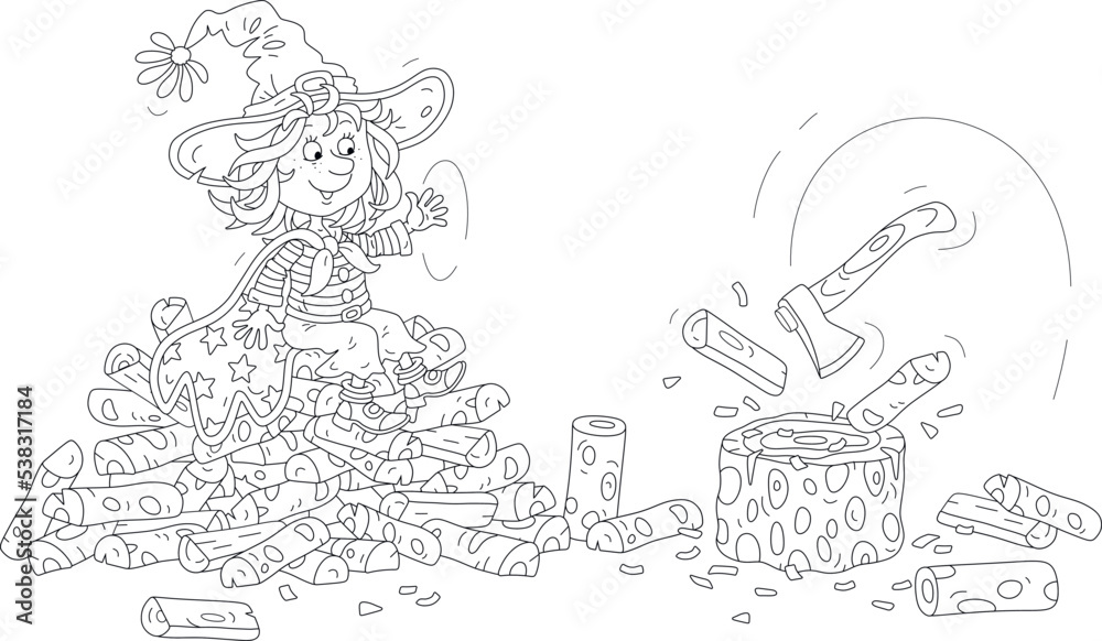Happy little witch chopping firewood with an enchanted flying ax, black and white outline vector cartoon illustration