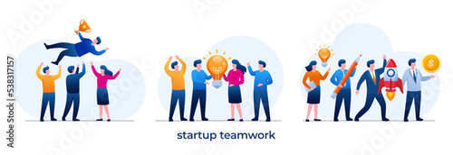 Working business teamwork, big idea, start up company, corporate, flat vector illustration banner