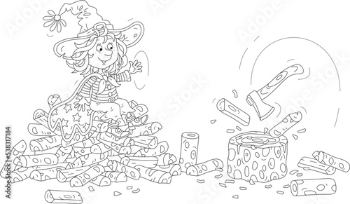 Happy little witch chopping firewood with an enchanted flying ax, black and white outline vector cartoon illustration