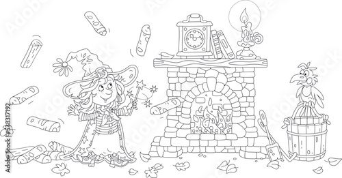 Happy little Halloween witch waving her magic wand and conjuring a funny trick with flying firewood for an old stone fireplace  black and white outline vector cartoon illustration