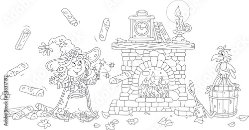 Happy little Halloween witch waving her magic wand and conjuring a funny trick with flying firewood for an old stone fireplace, black and white outline vector cartoon illustration