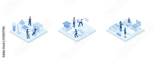 Online education concept. Online training courses, specialization, university studies, Language school concept banner with character. Can use for web banner, infographics, hero images, Students Learni