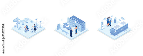 Sustainable transportation illustration set. Private electric vehicle near charging station  e-bike and public transport in modern city. Eco friendly vehicle concept  set isometric vector illustration