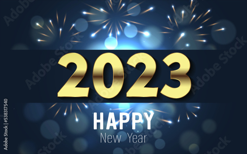 Happy New Year 2023. gold metal number and text whit bokeh bubber and fireworks on blue gradient background.