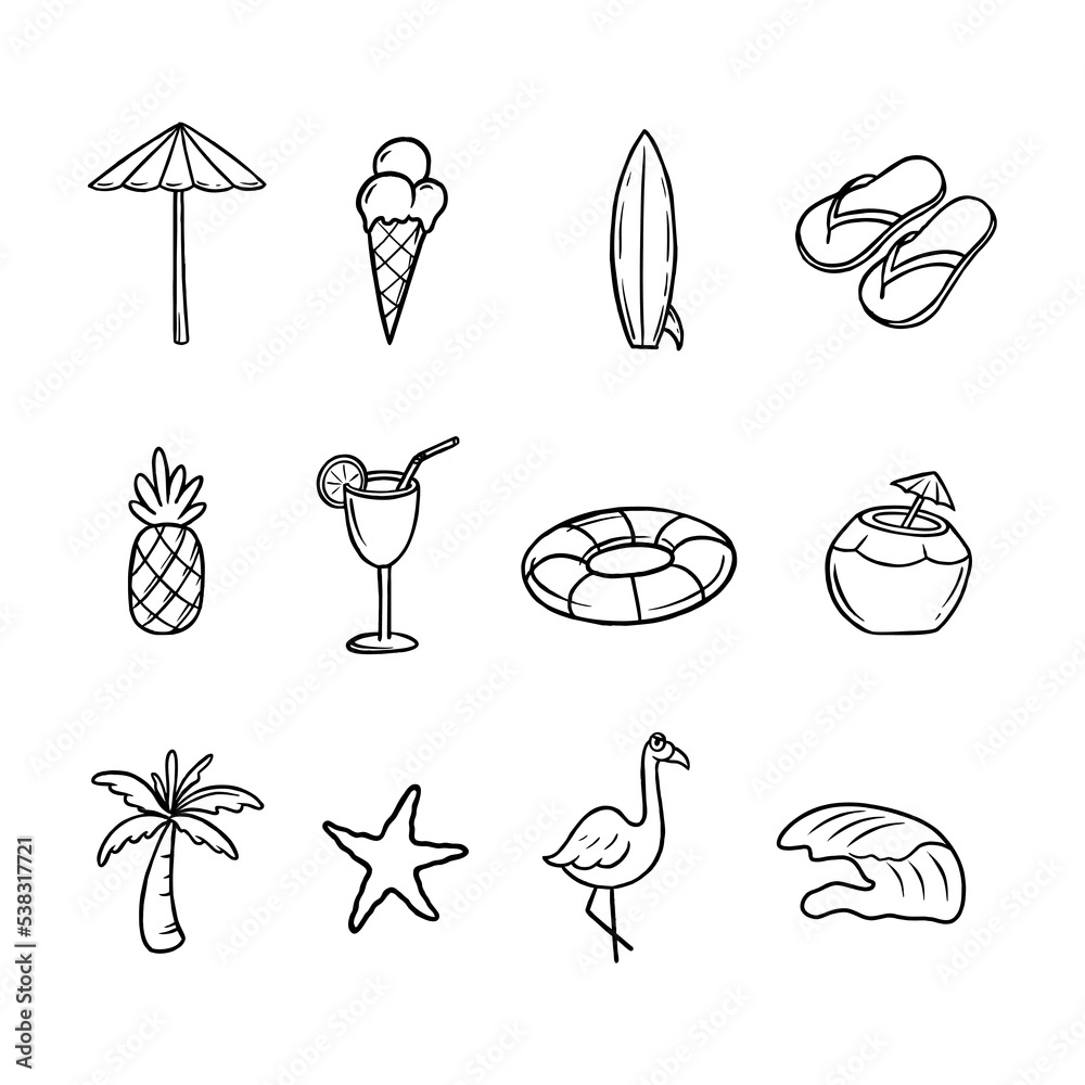 beach equipment icon set