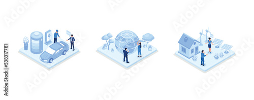 Sustainability illustration set. People trying to save planet earth with eco friendly technologies. House with solar energy panels, windmills and electric car with battery, set isometric vector illust