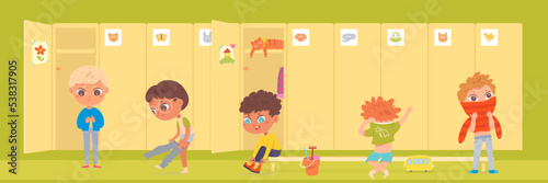 Little kids dress up in school or kindergarten locker room interior, boys wear clothing