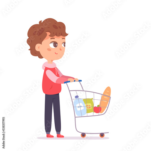 Kid with supermarket cart full of food, boy shopping in grocery shop with trolley
