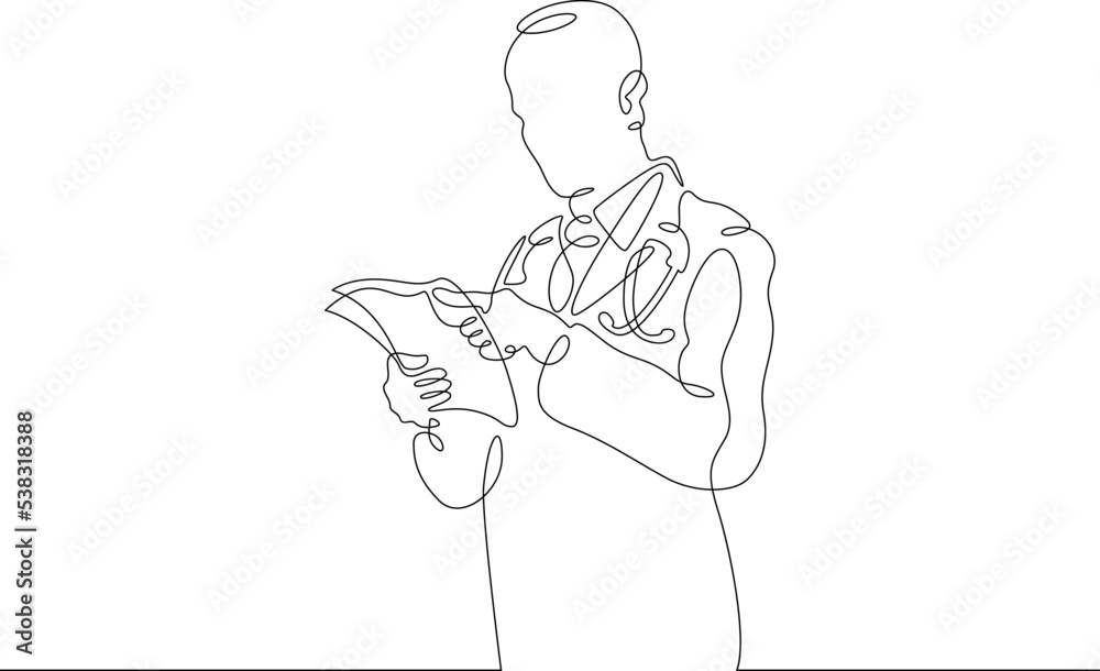 One continuous line. Portrait of a doctor. Therapist with the history of the patient. Doctor with papers. One continuous line is drawn on a white background.
