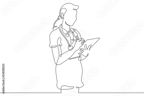 One continuous line. Portrait of a doctor. Therapist with the history of the patient. Doctor with papers. One continuous line is drawn on a white background.