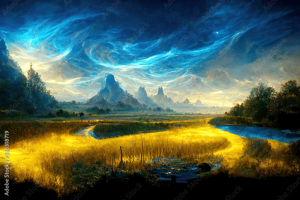 Obraz premium Fantastische Landschaft in blauem und goldenem Licht.