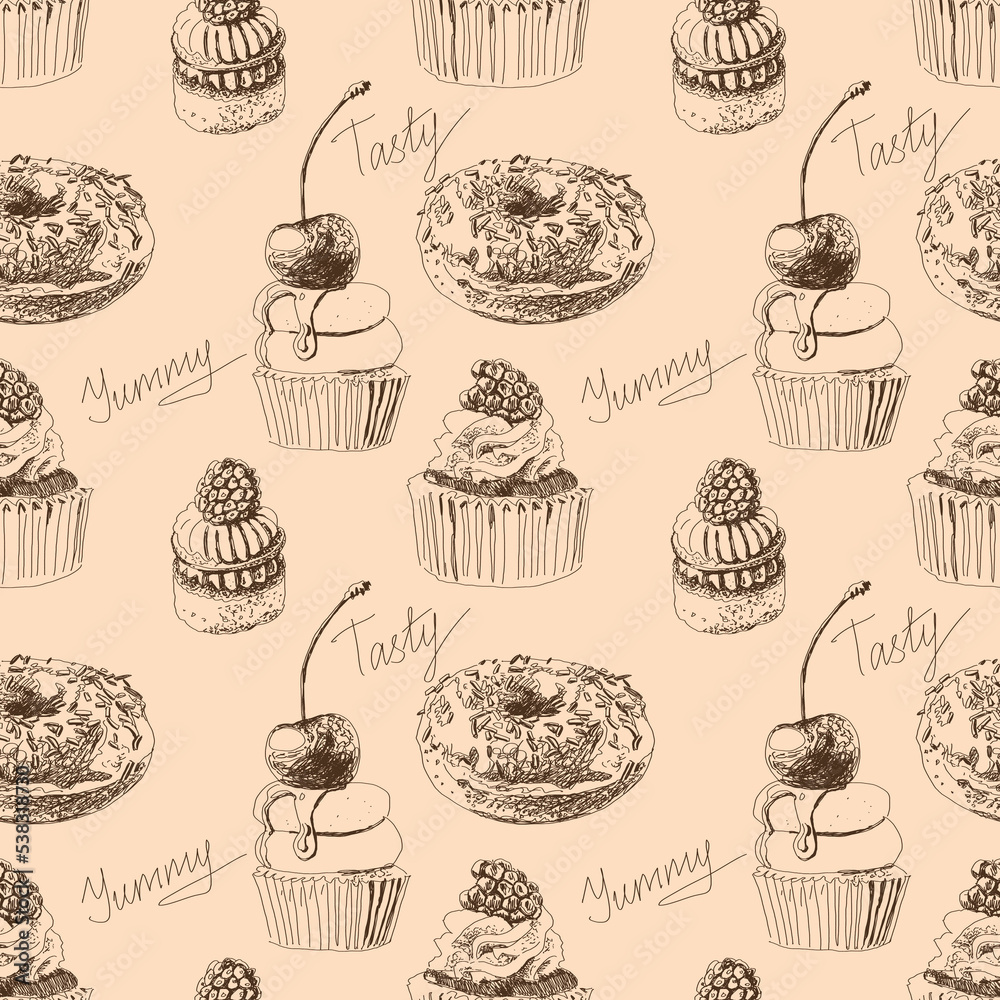 Sweet food seamless pattern with cakes, donuts, cupcakes. Pastry hand drawn illustrations. On a creamy background. Texture for wallpaper, fills, wrapping paper.