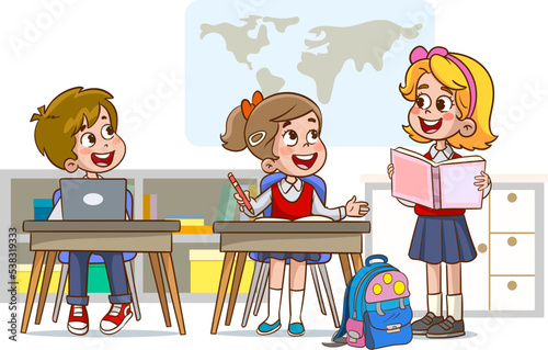 Cheerful diverse kids in school uniform talking sitting at tables enjoying lesson inclusion education vector banner.