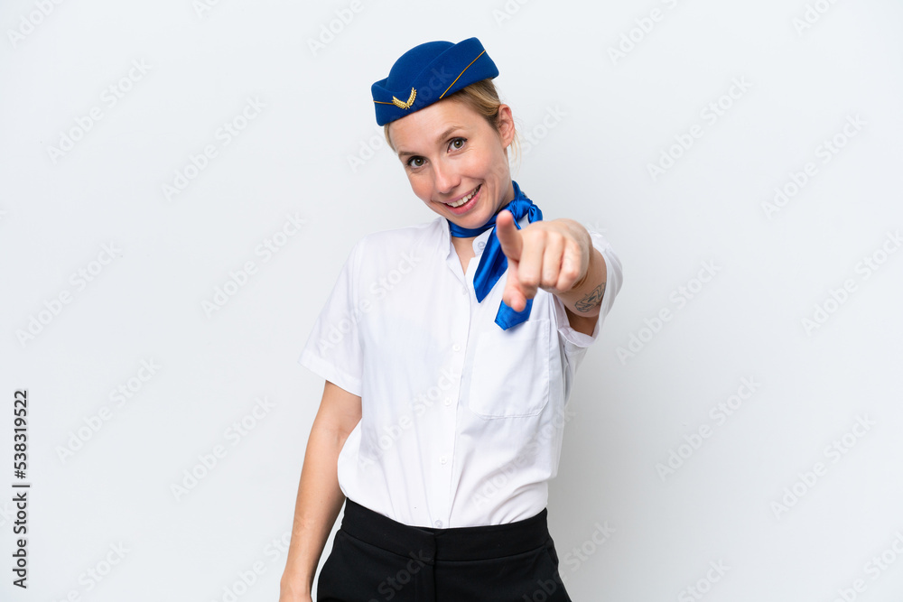 Airplane blonde stewardess woman isolated on white background points finger at you with a confident expression Airplane blonde stewardess woman isolated on white background points finger at you with a confident expression