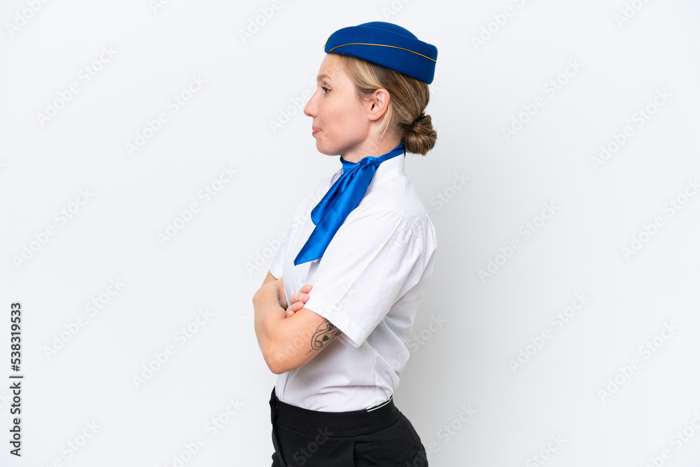 Airplane blonde stewardess woman isolated on white background in lateral position