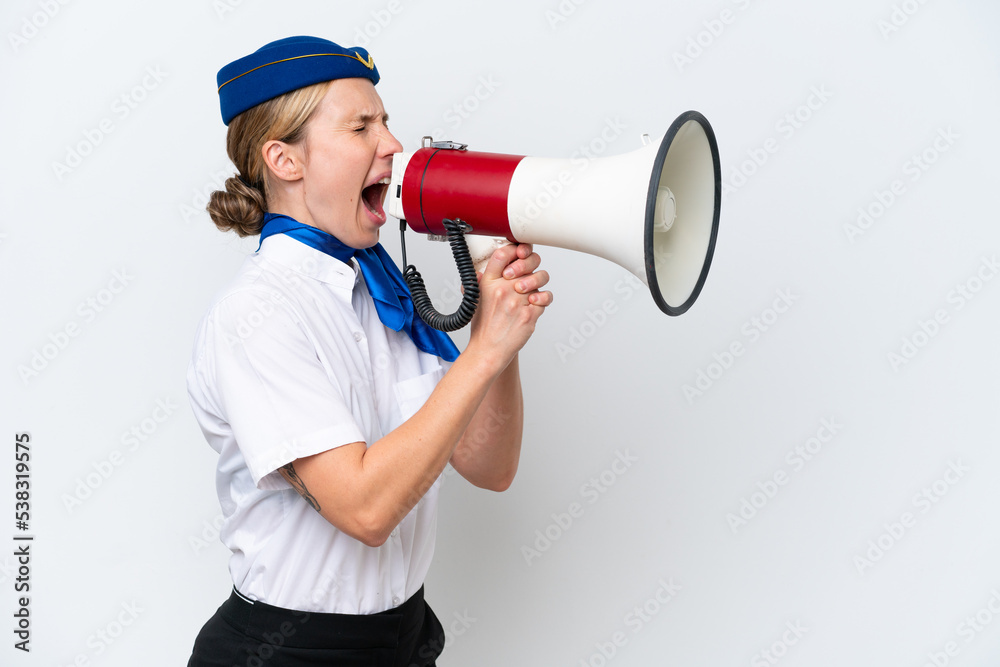 Airplane blonde stewardess woman isolated on white background shouting through a megaphone Airplane blonde stewardess woman isolated on white background shouting through a megaphone