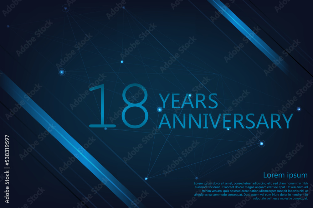18 Years Anniversary. Geometric Anniversary greeting banner. Poster template for Celebrating 18th anniversary event party. Vector illustration