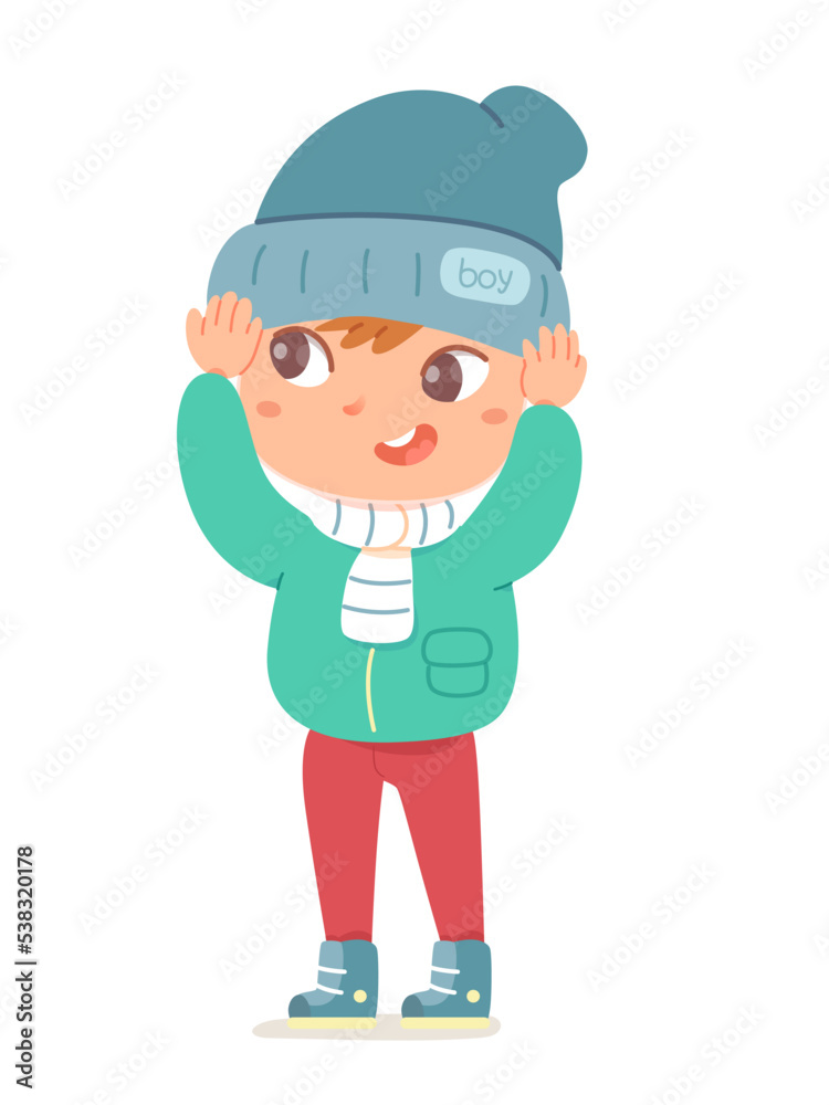 Cute boy wearing woolen hat vector illustration. Cartoon isolated adorable child with funny face, happy young student standing with hands up to put on winter headdress Cute boy wearing woolen hat vector illustration. Cartoon isolated adorable child with funny face, happy young student standing with hands up to put on winter headdress