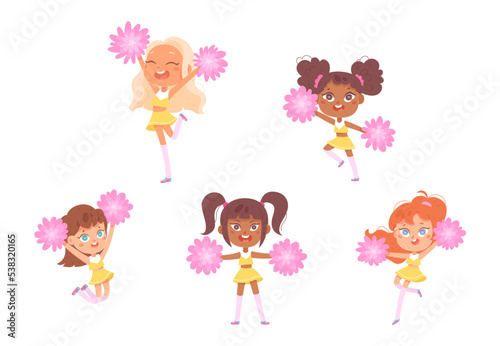 Dance of cheerleaders set, young cute girls in uniform cheer football school team