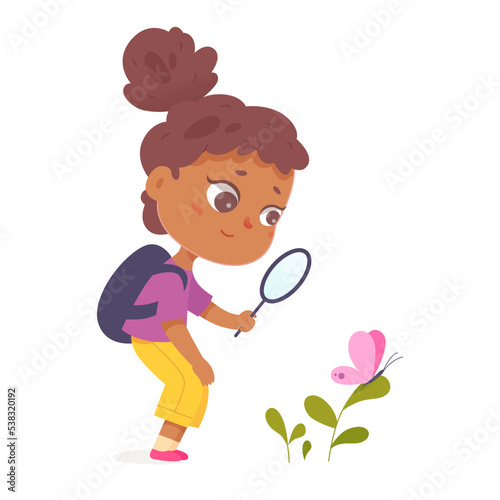 Girl holding magnifying glass to watch butterfly sitting on green plant of forest, garden