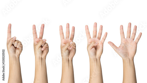 Fotografie, Tablou Man showing zero to five fingers count signs isolated on white background with Clipping path included